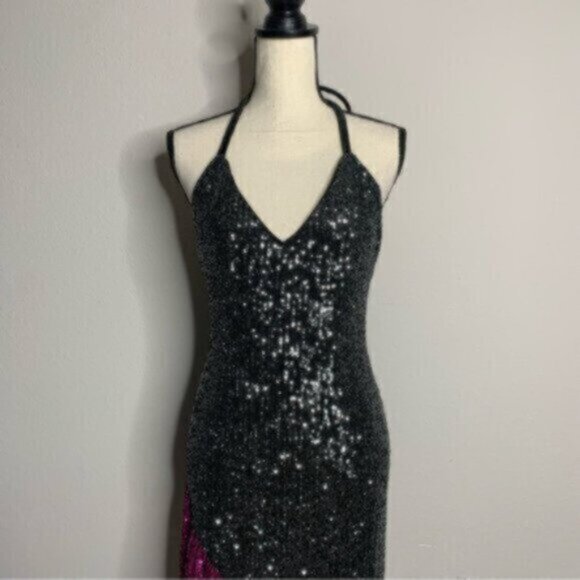 NWT One33 Social Black & Purple Sequin Colorblock Backless Halter Dress - Picture 6 of 13